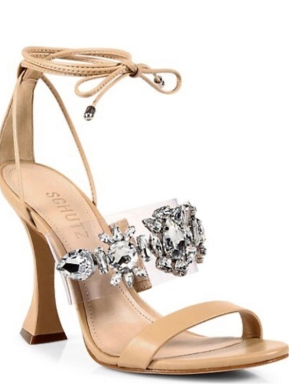 SCHUTZ Nude and Clear Jeweled Ankle-Tie High Heel Sandal- Size 5 5